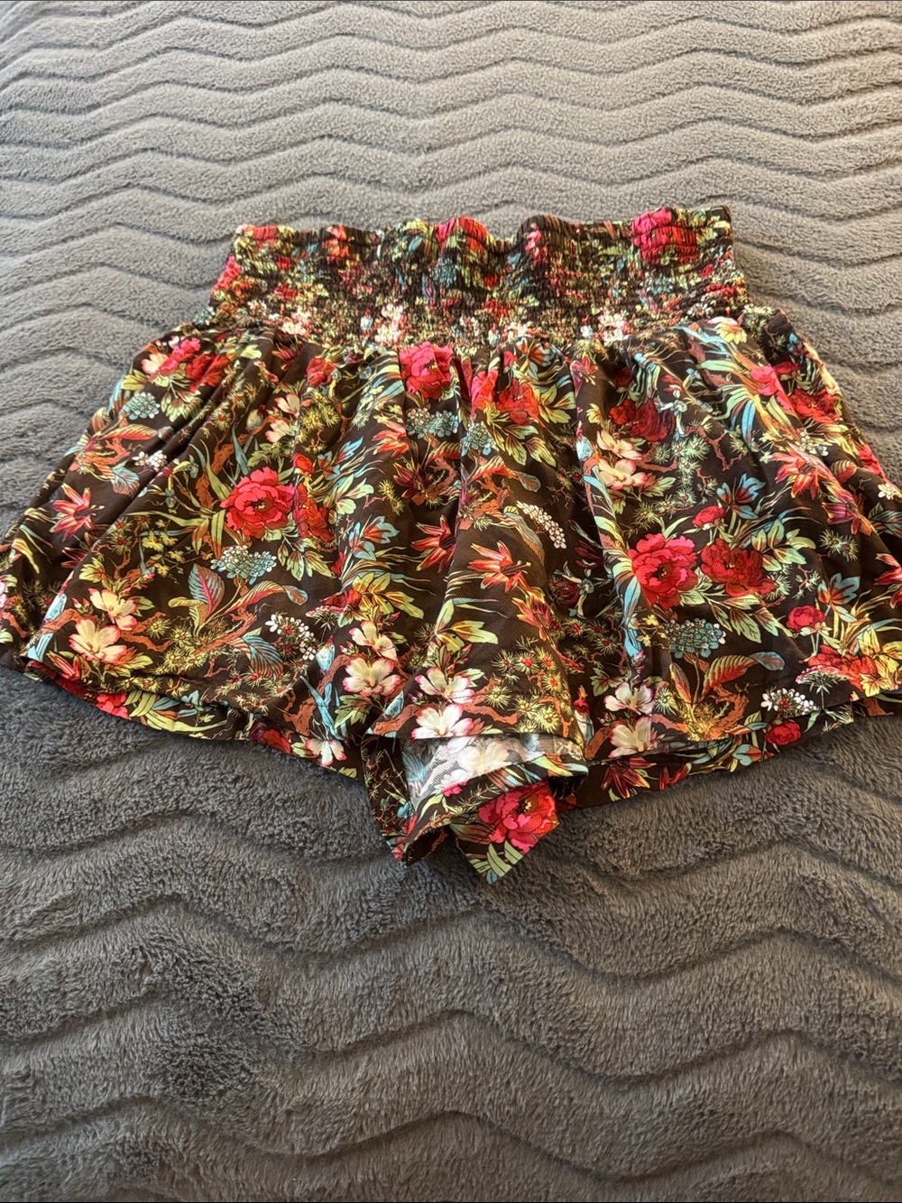 Anthropologie Brown Floral Smocked-Waist Shorts with Red Accents